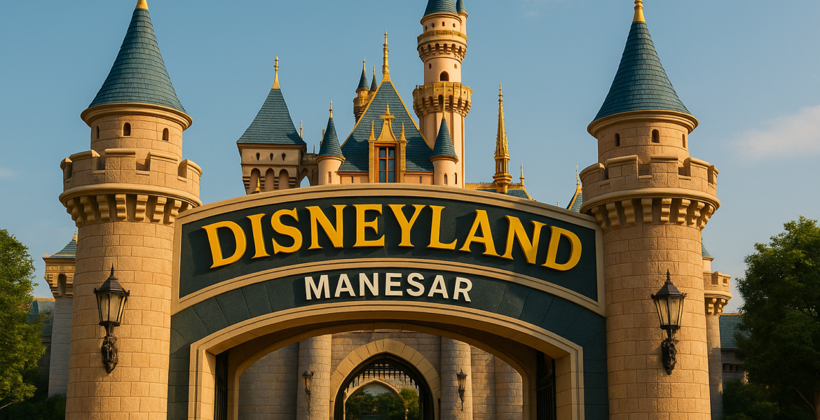 A stunning view of the grand entrance gate to Disneyland Manesar, featuring castle towers, blue rooftops, and golden "Disneyland" lettering under a clear sky.