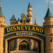 A stunning view of the grand entrance gate to Disneyland Manesar, featuring castle towers, blue rooftops, and golden "Disneyland" lettering under a clear sky.