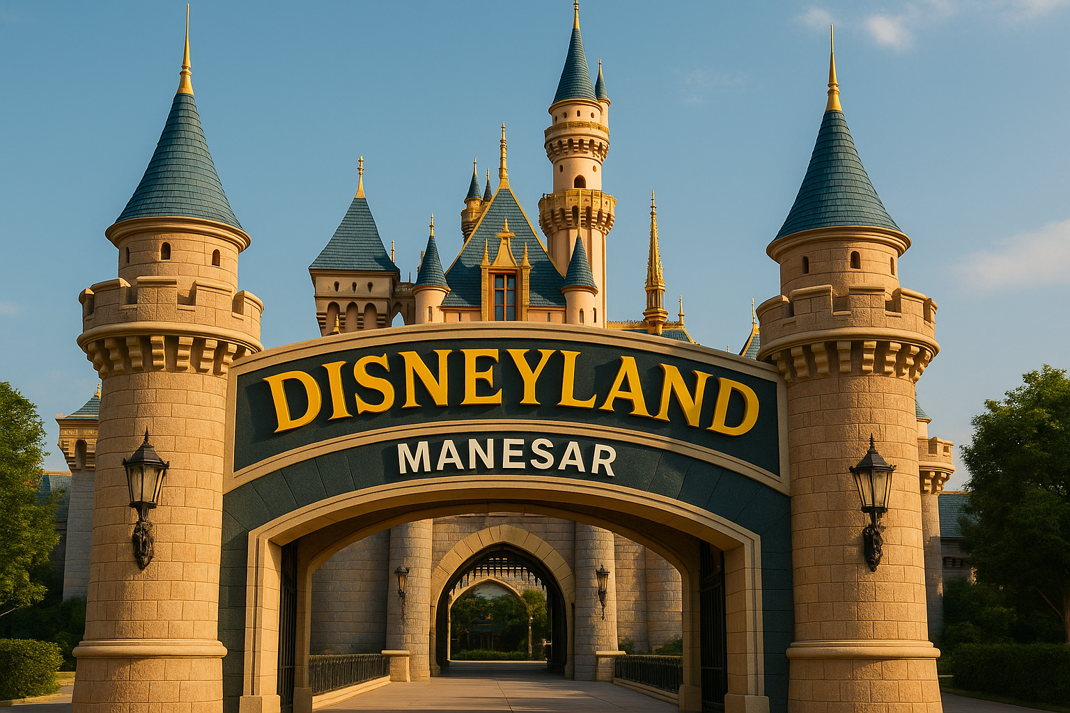 A stunning view of the grand entrance gate to Disneyland Manesar, featuring castle towers, blue rooftops, and golden "Disneyland" lettering under a clear sky.